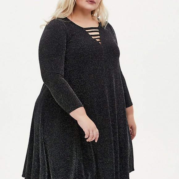 TORRID Black Shimmer Jersey Ladder Neck Mini Trapeze Dress - Picture 2 of 6